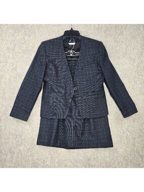Mark Alexander Plaid Blazer Jacket & Skirt Set Gray Wool Blend Fully Lined